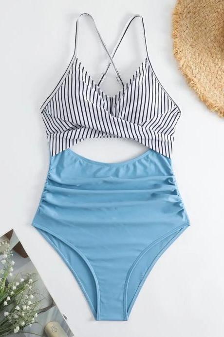 Womens Striped Cutout One-piece Swimsuit Beachwear Fashion