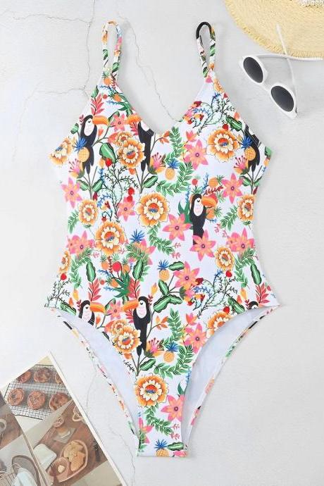 Tropical Toucan Floral Print Womens One-piece Swimsuit