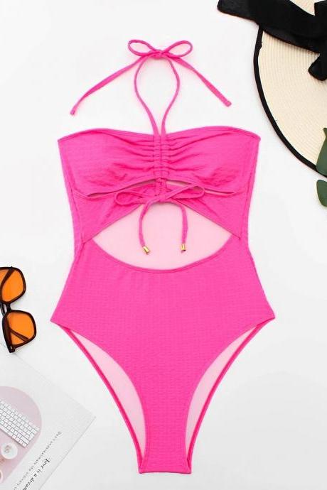 Womens Pink Halter Neck One-piece Swimsuit With Cutout