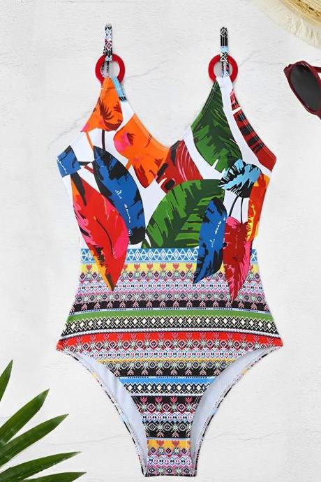 Tropical Leaf Print One-piece Swimsuit With Ring Detail