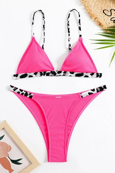 Womens Pink Ribbed Bikini Set With Printed Straps