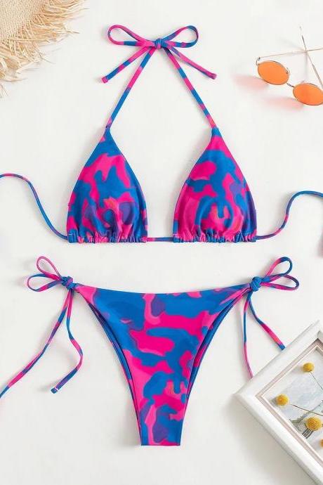 Womens Camouflage Print Tie-up Bikini Swimsuit Set