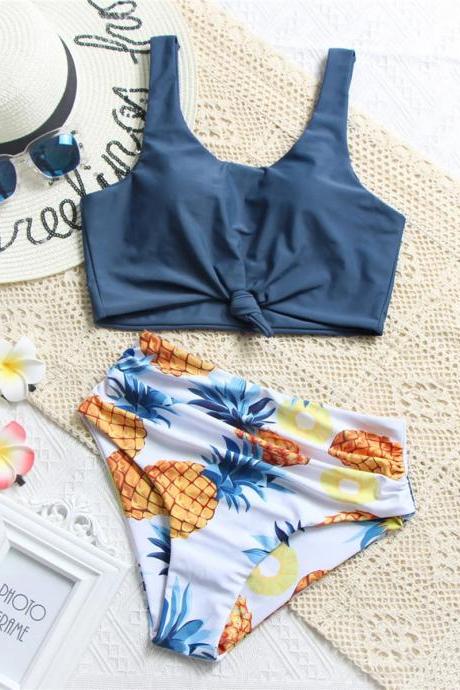 Womens Pineapple Print High-waisted Two-piece Swimsuit Set