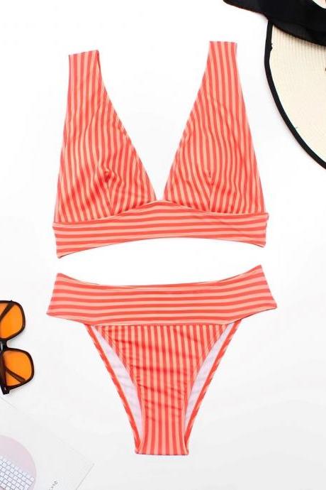 Striped Red And White Bikini Swimwear Set Womens