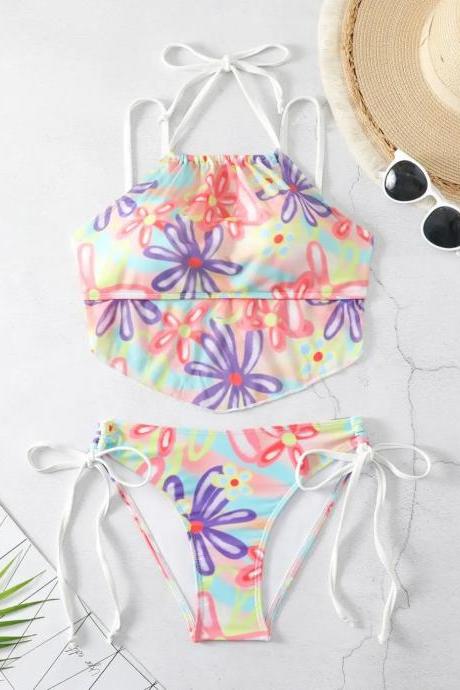 Womens Floral Print Halter Neck Bikini Swimsuit Set
