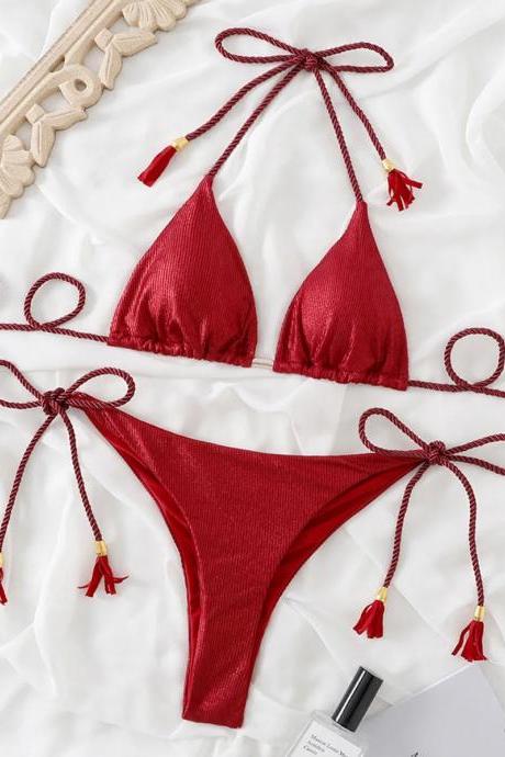 Womens Red Tassel Tie-halter Bikini Swimwear Set