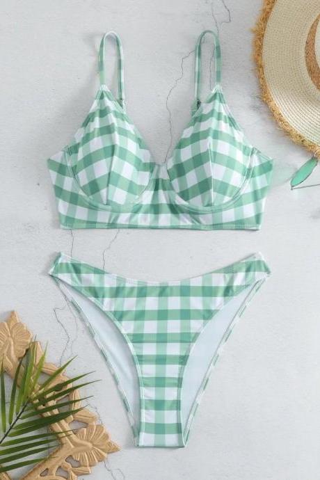 Womens Gingham Print Bikini Set Adjustable Straps Swimwear