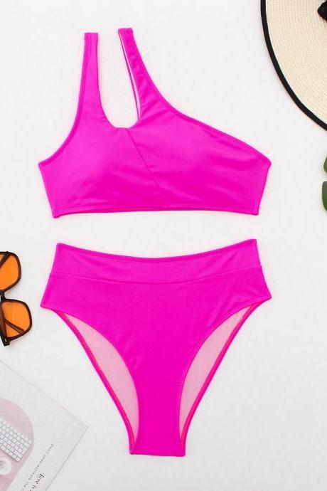 Womens Bright Pink High-waisted Bikini Swimwear Set