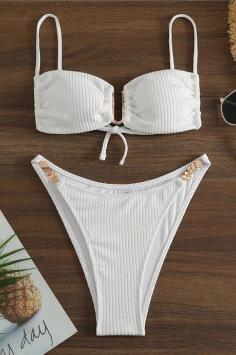 Womens Ribbed White Bikini Set With Tie-front Top