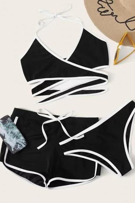 Womens Black And White Halter Neck Bikini Set