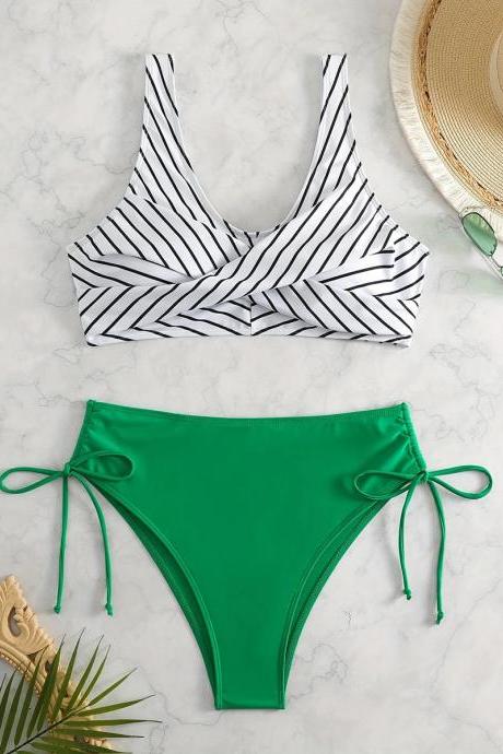 Womens Striped Twist-front Bikini Top And Green Bottoms