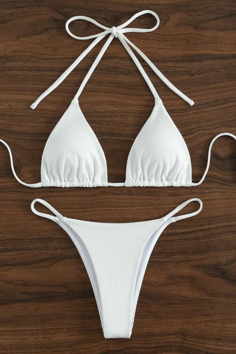 Womens White Ribbed Triangle Bikini Swimwear Set