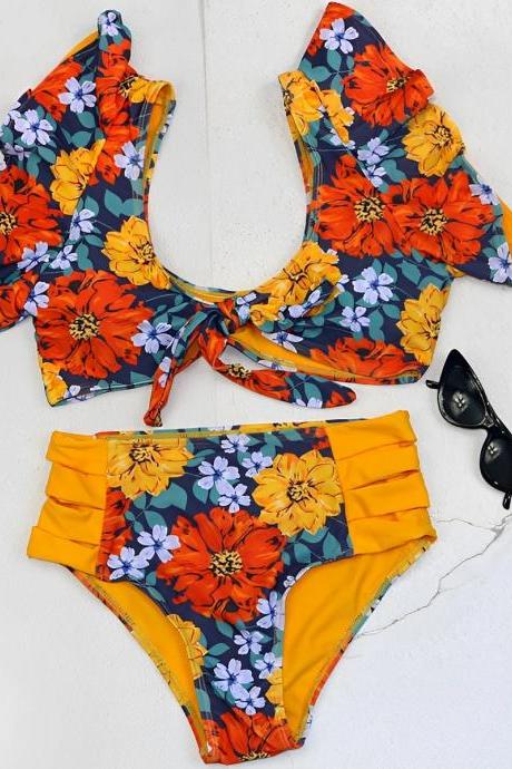 Womens Floral Print High-waisted Bikini Set Swimwear