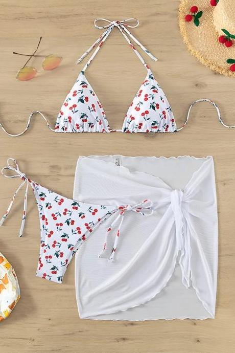Womens Cherry Print Bikini Set With Matching Sarong