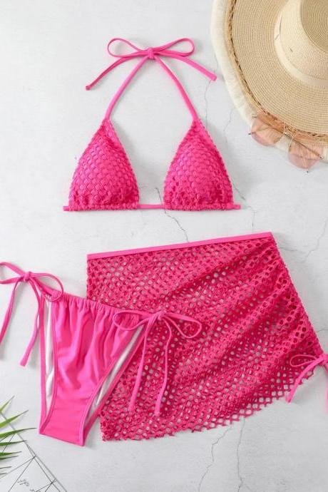 Womens Pink Crochet Halter Bikini Set With Cover-up