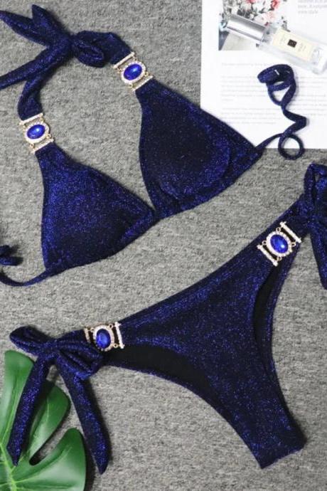 Sparkling Navy Blue Bikini Set With Gemstone Accents