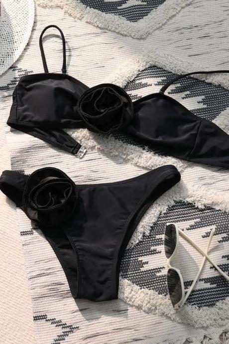 Elegant Black Bandeau Bikini Set With Rose Detail