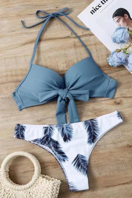 Womens Tropical Print Bikini Set With Tie-front Top