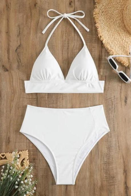 Womens White Halter Neck Bikini Swimsuit Set