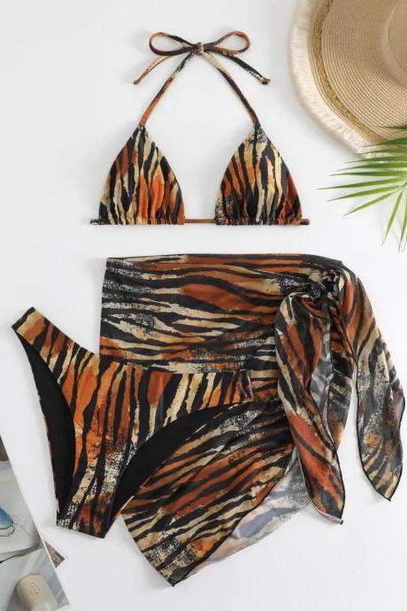Womens Tiger Print Bikini And High-waist Sarong Set