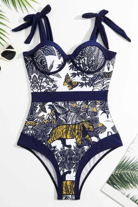 Womens Tropical Print Tie-shoulder One-piece Swimsuit