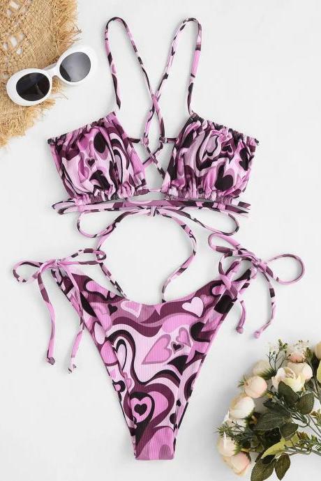 Womens Heart Print Tie-front Bikini Set With Straps