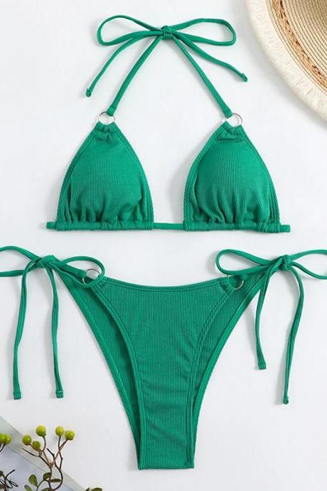 Womens Ribbed Green Bikini Set With Tie Closures