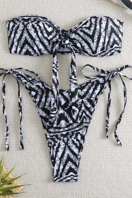 Trendy Zebra Print Bandeau High-waisted Bikini Set