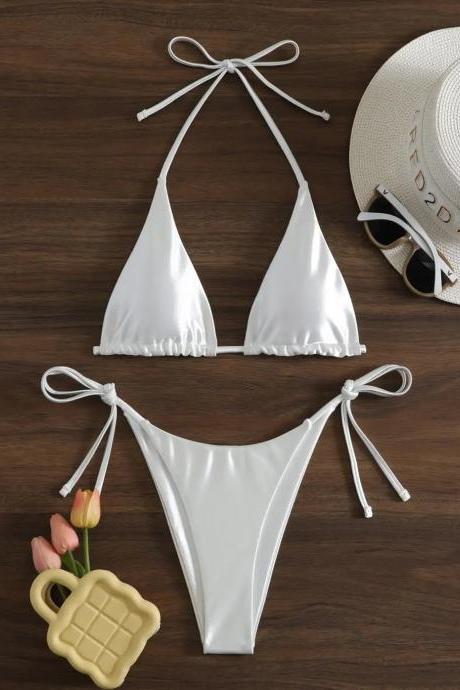Womens Tie-up Halter Neck Bikini Set Swimwear White