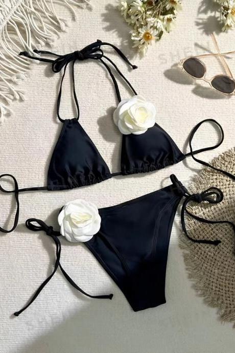 Womens Floral Accent Black Halter Bikini Swimwear Set