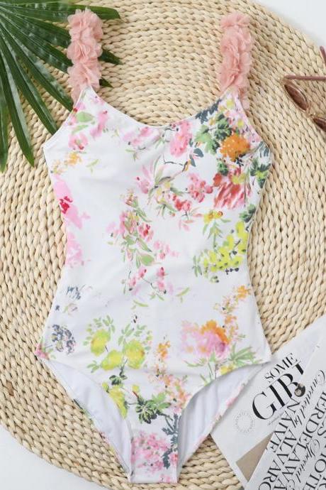 Girls Floral One-piece Swimsuit With Ruffle Shoulders