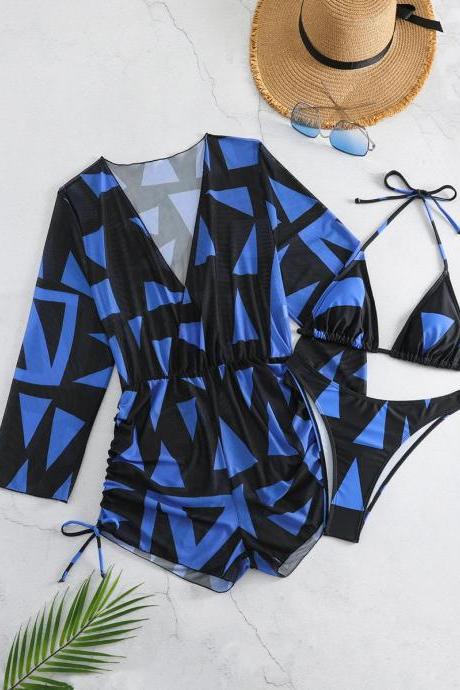 Womens Geometric Print Bikini And Sheer Kimono Set
