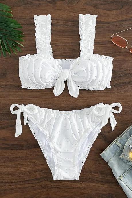 Womens Ruffled White Eyelet Lace-up Bikini Swimwear Set