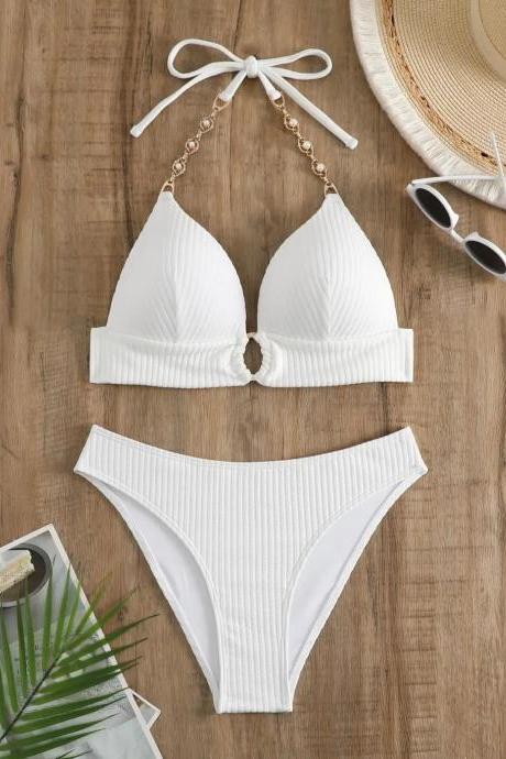 Womens White Ribbed Bikini Set With Gold Chain Detail