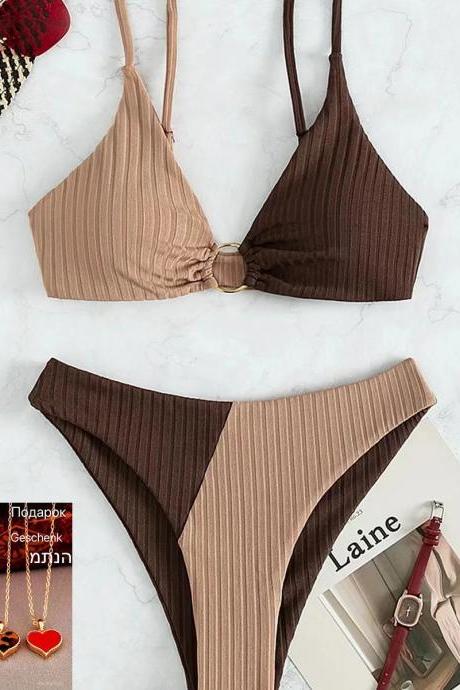 Womens Ribbed Bikini Set With Gold Detailing End