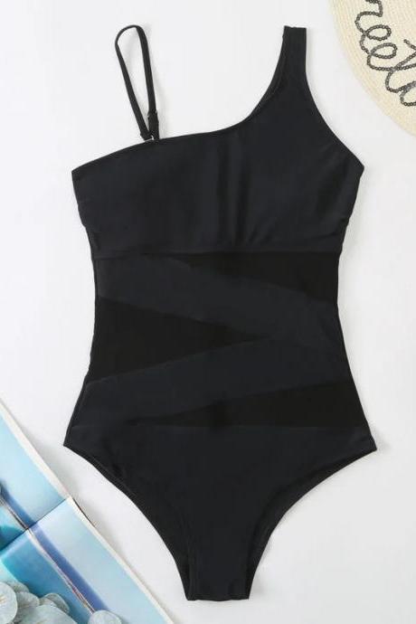 Elegant Black Mesh Panel One-piece Swimsuit For Women