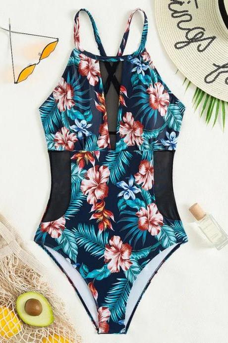 Tropical Floral Print Mesh Panel One-piece Swimsuit