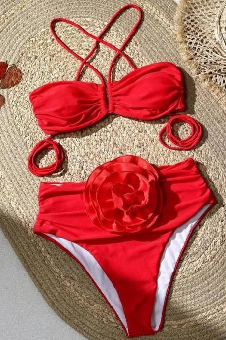 Womens Red Bandeau Bikini Set With Floral Accent