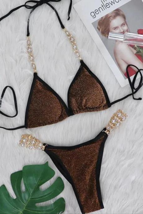 Glittery Bronze Bikini Set With Crystal Accents Swimwear