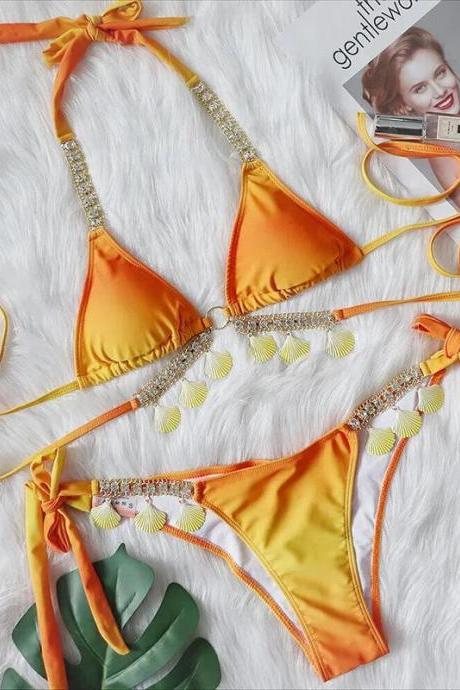 Womens Orange Rhinestone Embellished Bikini Set Swimwear