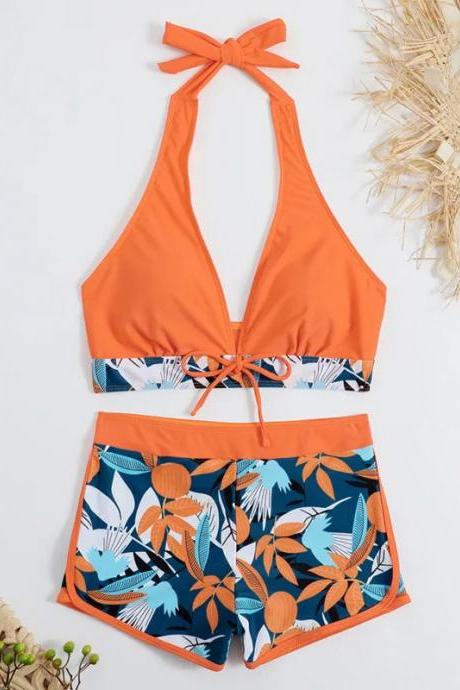 Womens Tropical Print Halter Top And Boardshorts Swimwear Set