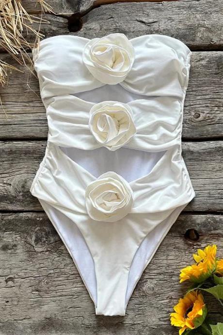 Elegant White Rose Applique One-piece Swimsuit Women