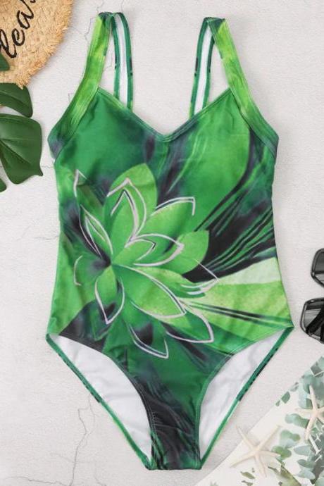 Tropical Green Floral One-piece Swimsuit For Women