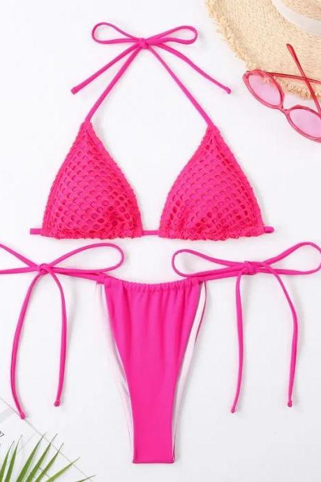 Womens Pink Tie-up Bikini Set Mesh Detail