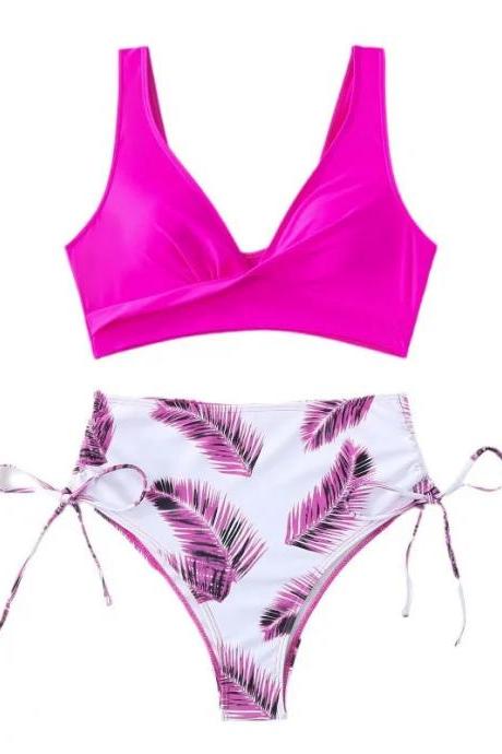 Vibrant Pink V-neck Bikini Set With Palm Print Bottoms