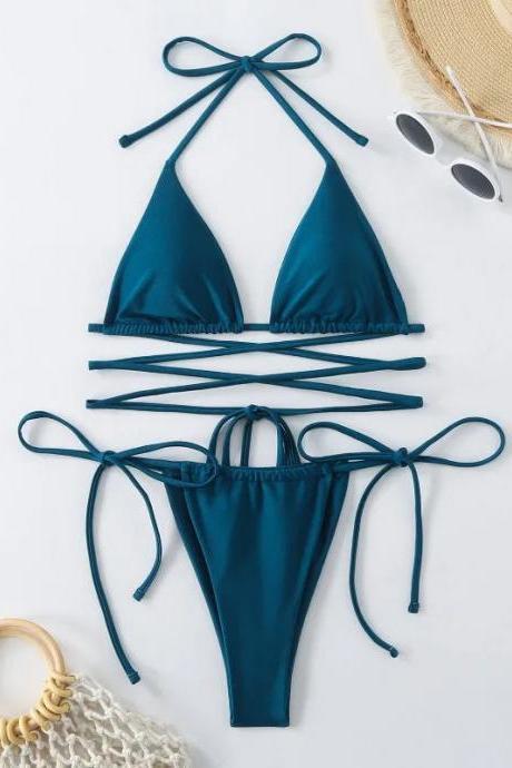 Womens Teal Strappy Bikini Set With Tie Closures