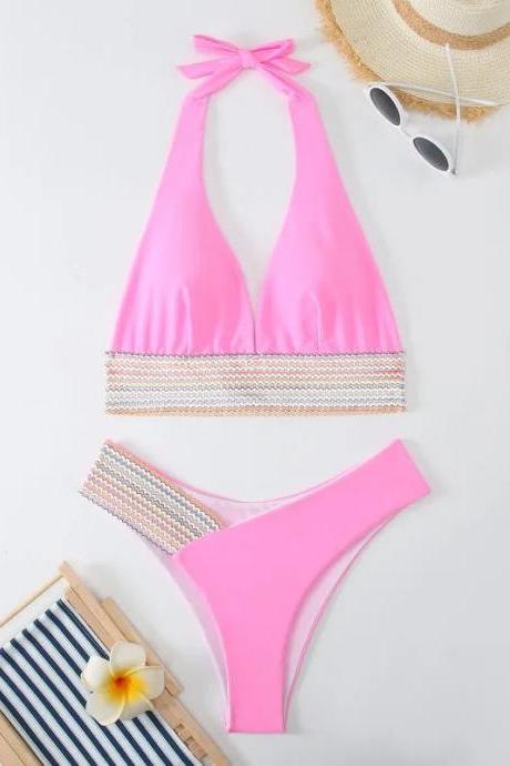 Womens Pink Halter Neck Bikini Set With Embellishments