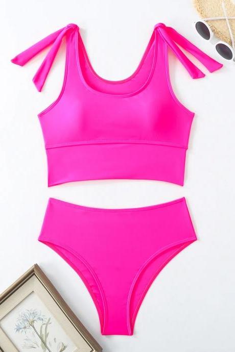 Womens Vibrant Pink Tie-strap Bikini Set Swimsuit