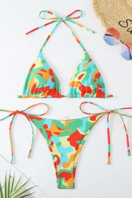 Womens Camouflage Print Tie-up Bikini Swimwear Set