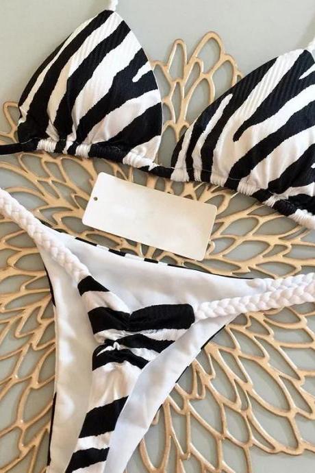 Womens Zebra Print Bikini Set With Braided Ties